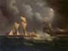 A British warship attacks a pirate vessel